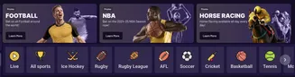 Bet on Football, Basketball, Horse Racing & More – Sportsbook at SpinBet Sports betting categories including Football, NBA, Horse Racing, and icons for Ice Hockey, Rugby, Soccer, Cricket, and more